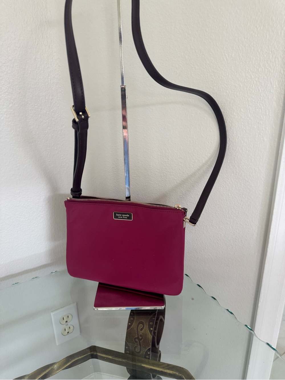 KATE SPADE Rasberry Dawn Triple Gusset Nylon Crossbody Bag with Three Sections